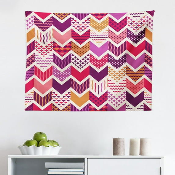 Chevron Tapestry, Zigzag Colorful Chevron Ornament Motifs Symmetry Modern Feminine Theme, Fabric Wall Hanging Decor for Bedroom Living Room Dorm, 2 Sizes, Burgundy Ruby Coral, by Ambesonne