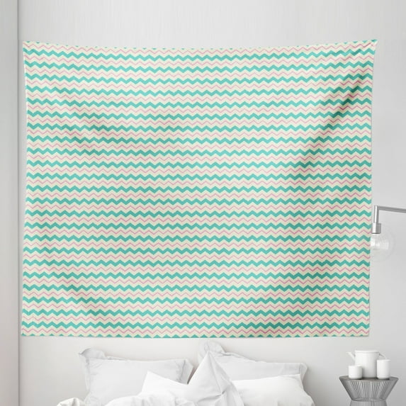 Chevron Tapestry, Zigzag Stripes with Pastel Colors Hand Drawn Geometric Illustration, Fabric Wall Hanging Decor for Bedroom Living Room Dorm, 5 Sizes, Turquoise Pink and Ivory, by Ambesonne