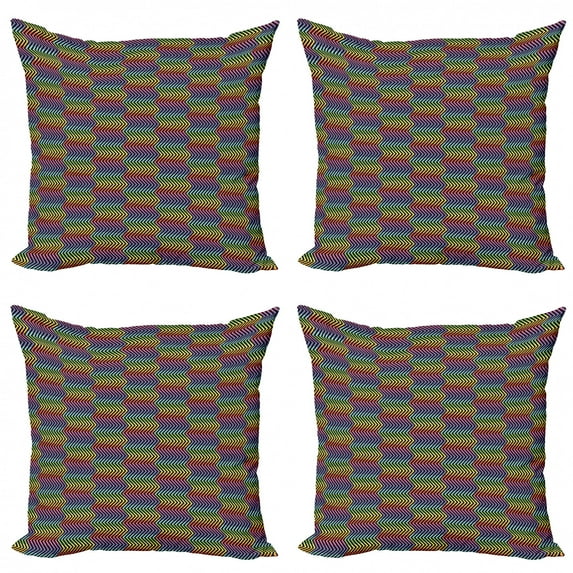 Chevron Throw Pillow Cushion Case Pack of 4, Geometric Illustration Abstract Contrast Rainbow Spectrum Colors of Zigzag Pattern, Modern Accent Double-Sided Print, 4 Sizes, Multicolor, by Ambesonne