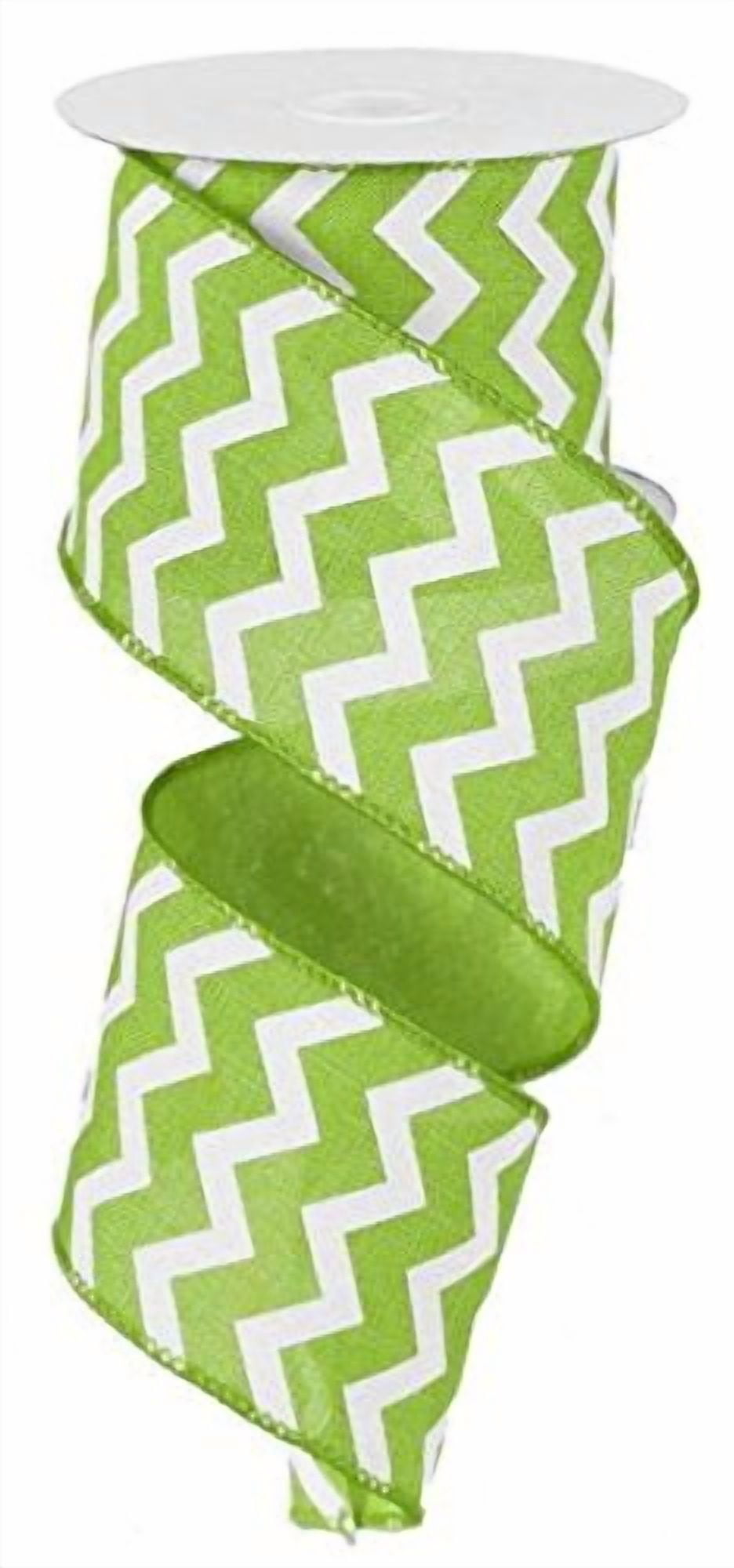 Chevron Wired Edge Ribbon (2.5", Lime Green White) - 50 Yards