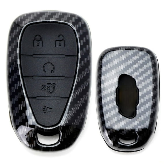 For Chevy 2016-up Camaro Cruze, 2017-up Malibu Sonic, Carbon Fiber Hydrographic Printing Design Smart Key Fob Cover Shell w/Black Silicone Keypad Button Skin