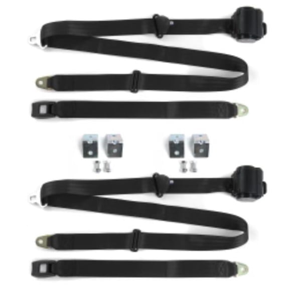 Chevy Bel Air 1955-1957 Standard 3 Point Black Retractable Bucket Seat Belt Kit with Bracketry - 2 Belts