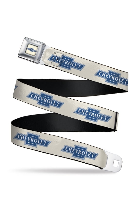 Chevy Belt, Seatbelt Buckle Belt, Chevrolet 1940 Bowtie Text Logo White Blues, 30 to 44 Inches
