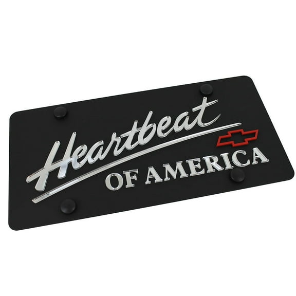 Chevy Bowtie Dual Logo Heartbeat Of America Words License Plate (Red on Black)