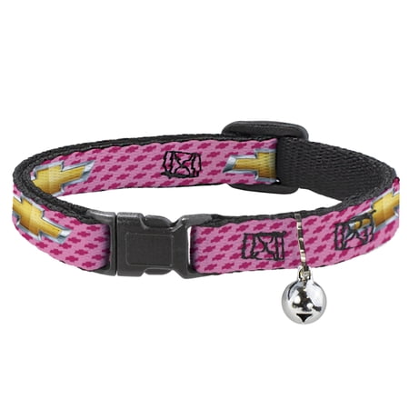Chevy Breakaway Cat Collar With Bell, Plastic Clip, Easy Adjustable, Chevy Gold Bowtie Logo Pink, 8.5 to 12 Inches 0.5 Inch Wide
