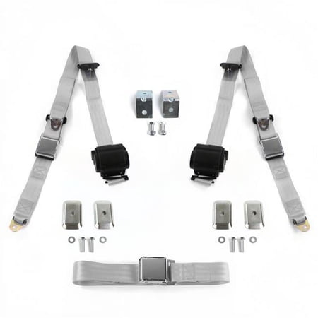 Chevy Cavalier 1982-1994 Airplane 3 Point Gray & Grey Retractable Bench Seat Belt Kit with Bracketry - 3 Belts