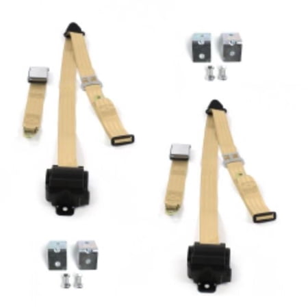 Chevy Cavalier 1982-1994 Airplane 3 Point Tan Retractable Bucket Seat Belt Kit with Bracketry - 2 Belts