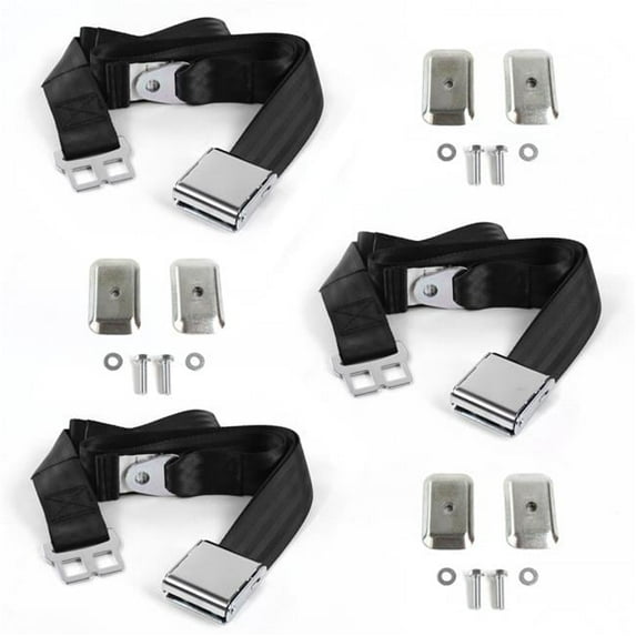 Chevy Chevelle 1964-1967 Airplane 2 Point Black Lap Bench Seat Belt Kit with Bracketry - 3 Belts