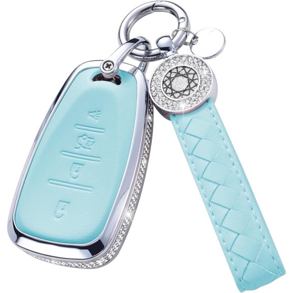 for Chevy Chevrolet Key Fob Cover with Keychain, Blue Leather Rhinestone Key Case Protection Shell Fit for Equinox Malibu Cruze Camaro Tahoe Silverado Traverse Blazer Sonic