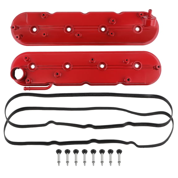 Chevy Express/GMC Yukon Valve Cover Set w/ Gasket & Bolts, 12570427/12582224, 4.8L-6.2L V8, Red Aluminum, Driver & Passenger Side Replacement for 2000-2008