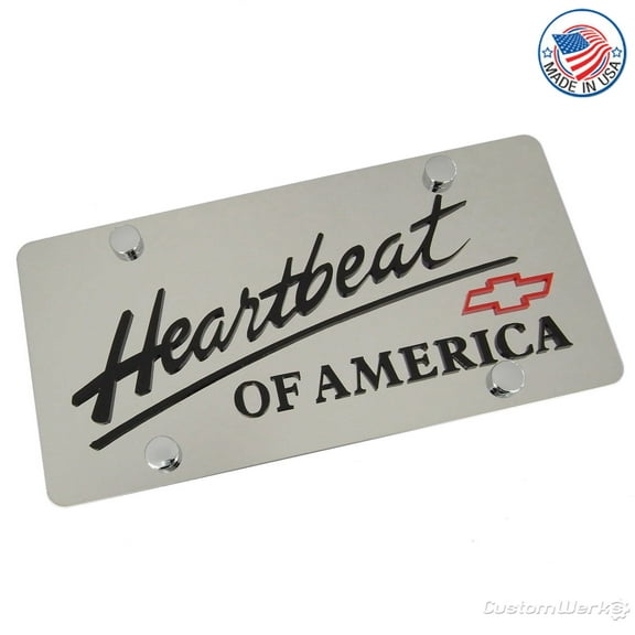 Chevy Heartbeat Of America Words With Bowtie Dual Logo License Plate (Red on Chrome)