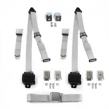 Chevy II 1966-1967 Airplane 3 Point Gray & Grey Retractable Bench Seat Belt Kit with Bracketry - 3 Belts