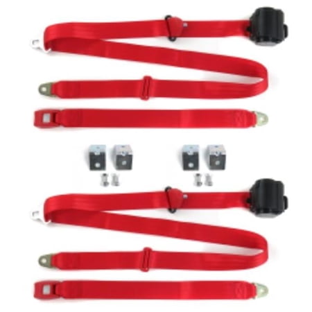 Chevy Impala 1959-1960 Standard 3 Point Red Retractable Bucket Seat Belt Kit with Bracketry - 2 Belts