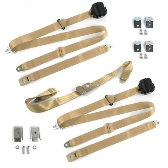 Chevy Impala 1965-1970 Standard 3 Point Tan Retractable Bench Seat Belt Kit with Bracketry - 3 Belts