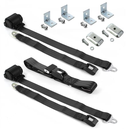 Chevy Impala 1971-1976 Standard 2 Point Black Retractable Bench Seat Belt Kit with Bracketry - 3 Belts