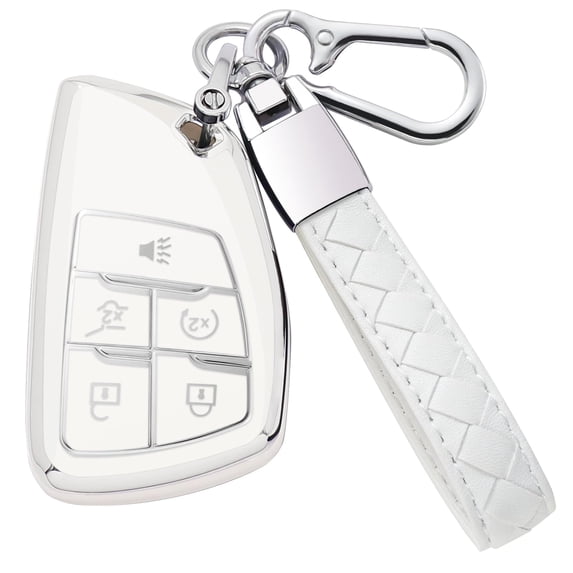 for Chevy Key Fob Cover with Leather Keychain Soft TPU Key Case Shell Holder Fits for Chevrolet 2021 2022 2023 2024 Suburban Tahoe Silverado 1500, for GMC Yukon Sierra 5 Button