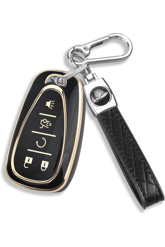 for Chevy Key Fob Cover with Leather Keychain Soft TPU Protection Case Compatible with 2016-2026 Chevy Malibu Blazer Traverse Equinox Trailblazer 5-Buttons(Gold Trim Black)