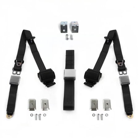 Chevy Nova 1968-1974 Airplane 3 Point Black Retractable Bench Seat Belt Kit with Bracketry - 3 Belts