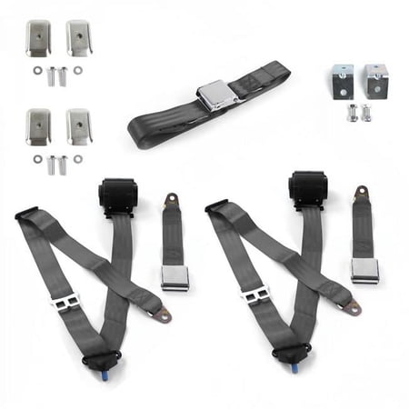 Chevy Nova 1968-1974 Airplane 3 Point Charcoal Retractable Bench Seat Belt Kit with Bracketry - 3 Belts
