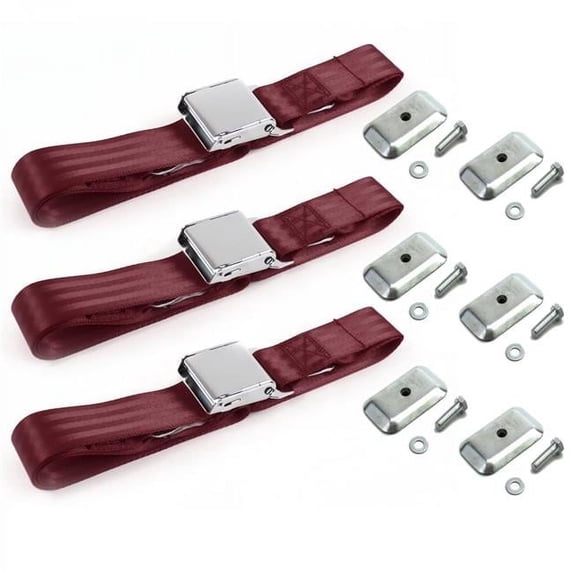 Chevy S10 Blazer 1982-1994 Airplane 2 Point Burgandy Lap Bench Seat Belt Kit with Bracketry - 3 Belts
