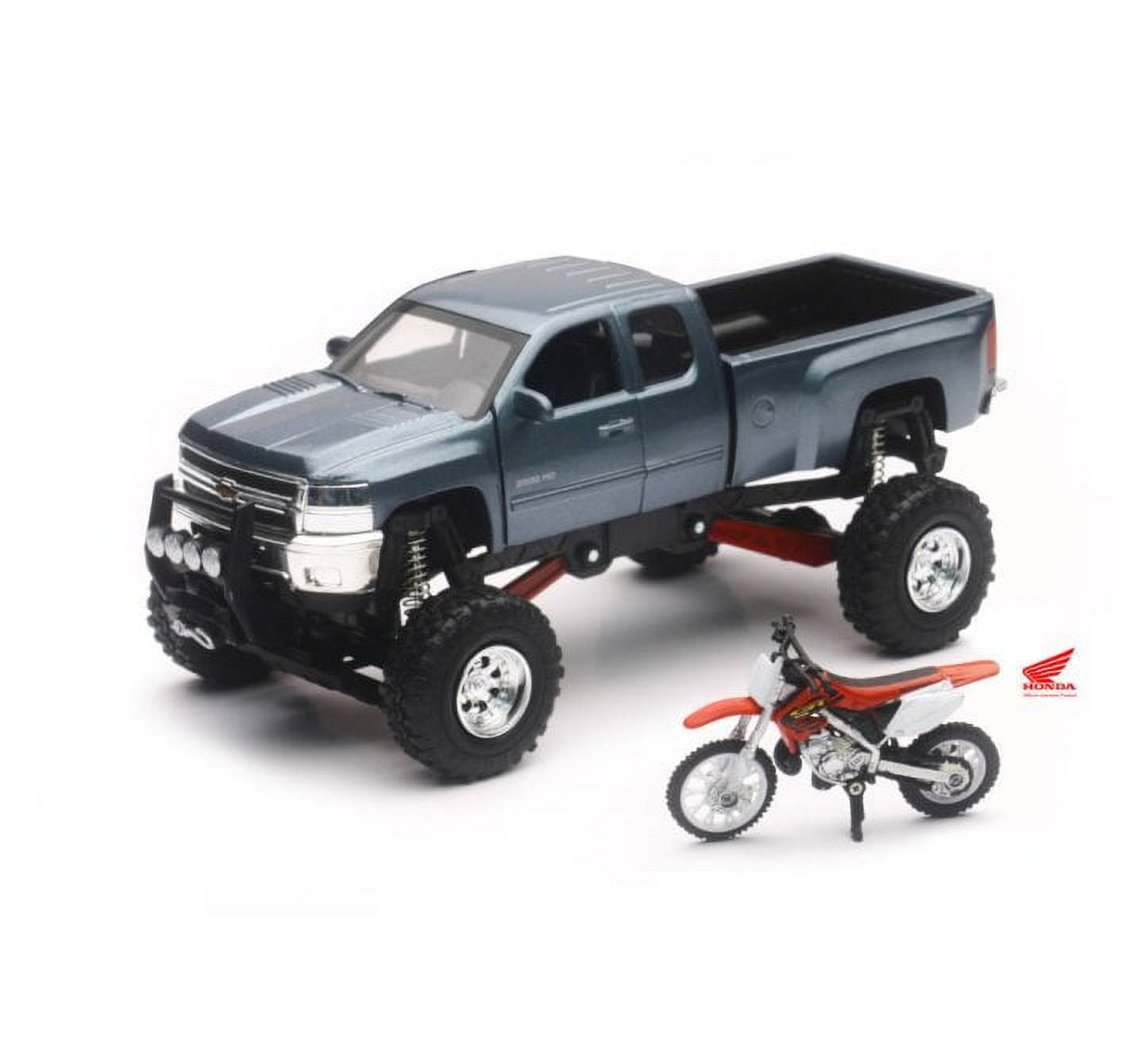 Chevy Silverado Off Road Pick Up W/ Honda Dirt Bike, Blue Gray Metallic - New Ray SS-54426 - 1/32 scale Diecast Model Toy Car
