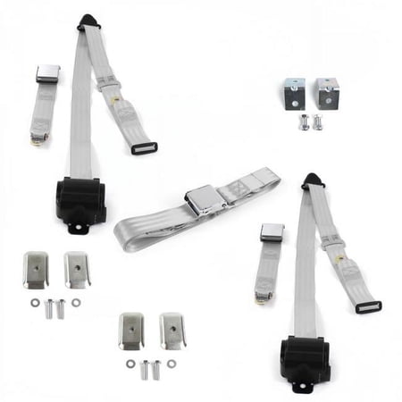 Chevy Truck 1935-1940 Airplane 3 Point Gray & Grey Retractable Bench Seat Belt Kit with Bracketry - 3 Belts