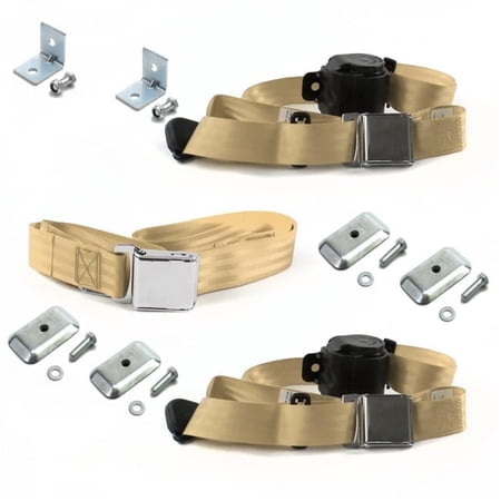Chevy Truck 1988-1998 Airplane 3 Point Tan Retractable Bench Seat Belt Kit with Bracketry - 3 Belts