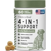 Chew + Heal All in 1 Dog Vitamin - 60 Soft Chew Treats - Chewable Dog Multivitamin with Probiotics, Digestive Enzymes, for Skin and Coat, Hip and Joint Support - with Omega, Calcium - Made in The USA