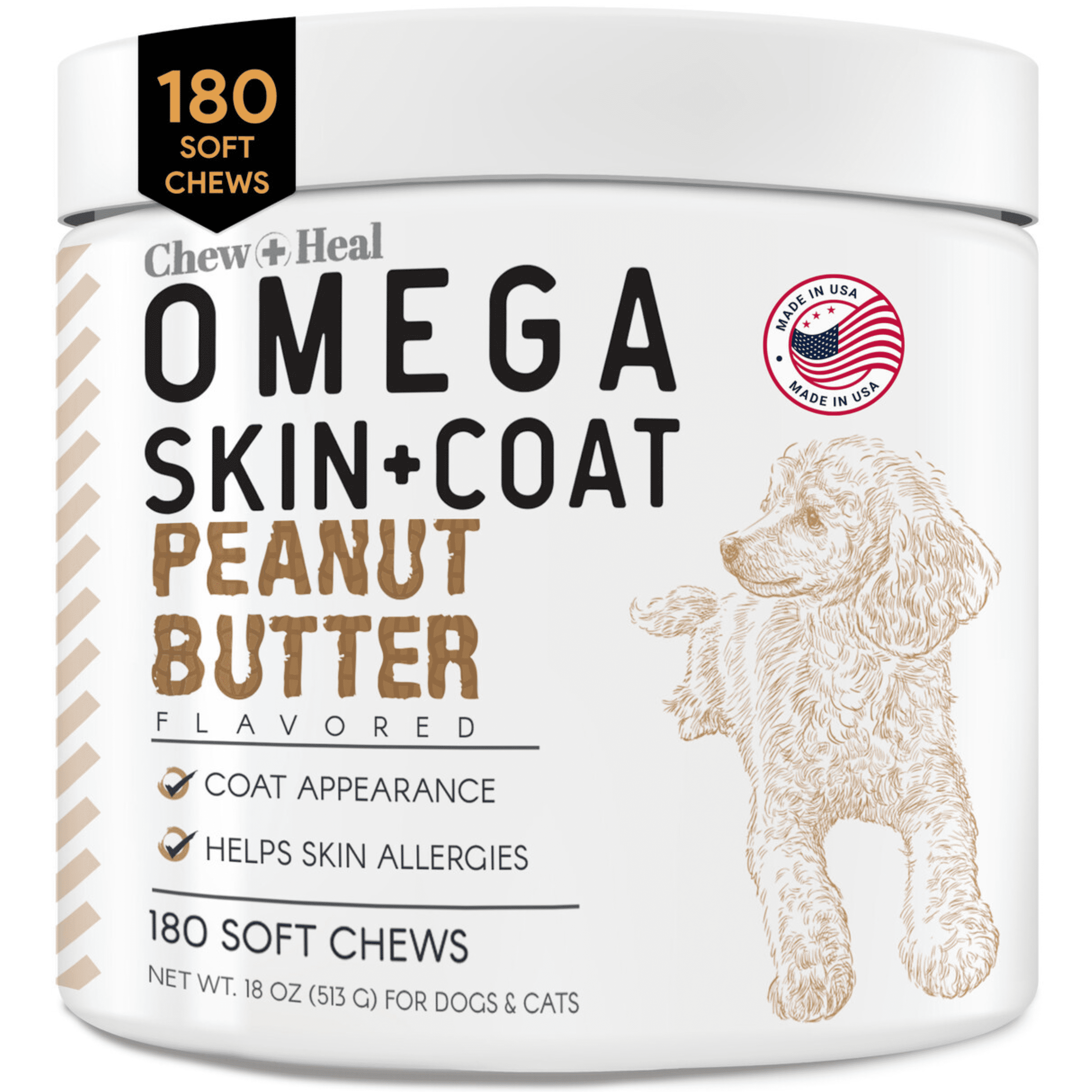 Chew Heal 180 Premium Soft Chew Omega Treats for Skin and Coat Peanut Butter Flavor Omega 3 6 and 9 Salmon Oil Chews