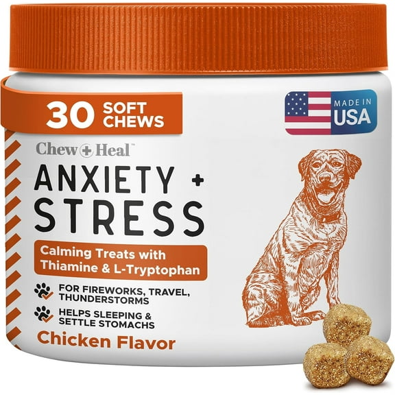 Chew + Heal Dog Anxiety & Stress Relief Vitamin (30 Chews) Calming Support Supplements for Travel, Storms, Fireworks