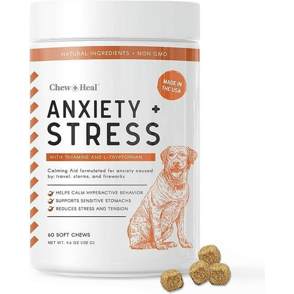 Chew + Heal Dog Calming Treats - 60 Soft Chews, Anxiety Supplement - Stress Relief Thiamine and L-Tryptophan for Travel, Storms, Fireworks - with Ginger and Melatonin - Made in The USA
