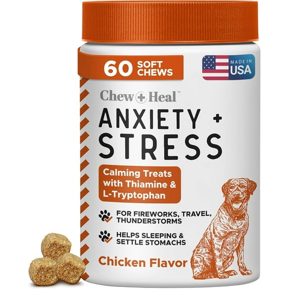 Chew + Heal Dog Anxiety & Stress Relief Vitamin (60 Chews) Calming Support Supplements for Travel, Storms, Fireworks