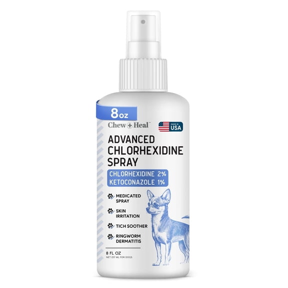 Chew + Heal Dog Paw Spray - 8 oz Antifungal Hot Spot Treatment Spray with 1% Ketoconazole 2% Chlorhexidine for Dogs - Good for All Breeds - Made in the USA