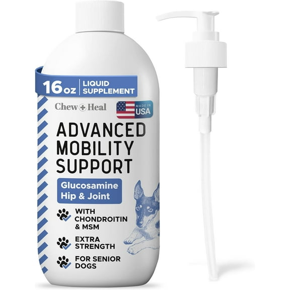 Chew + Heal Liquid Hip and Joint Supplement for Dogs Liquid Glucosamine - 16 oz - Bacon Flavored - Advanced Mobility Support