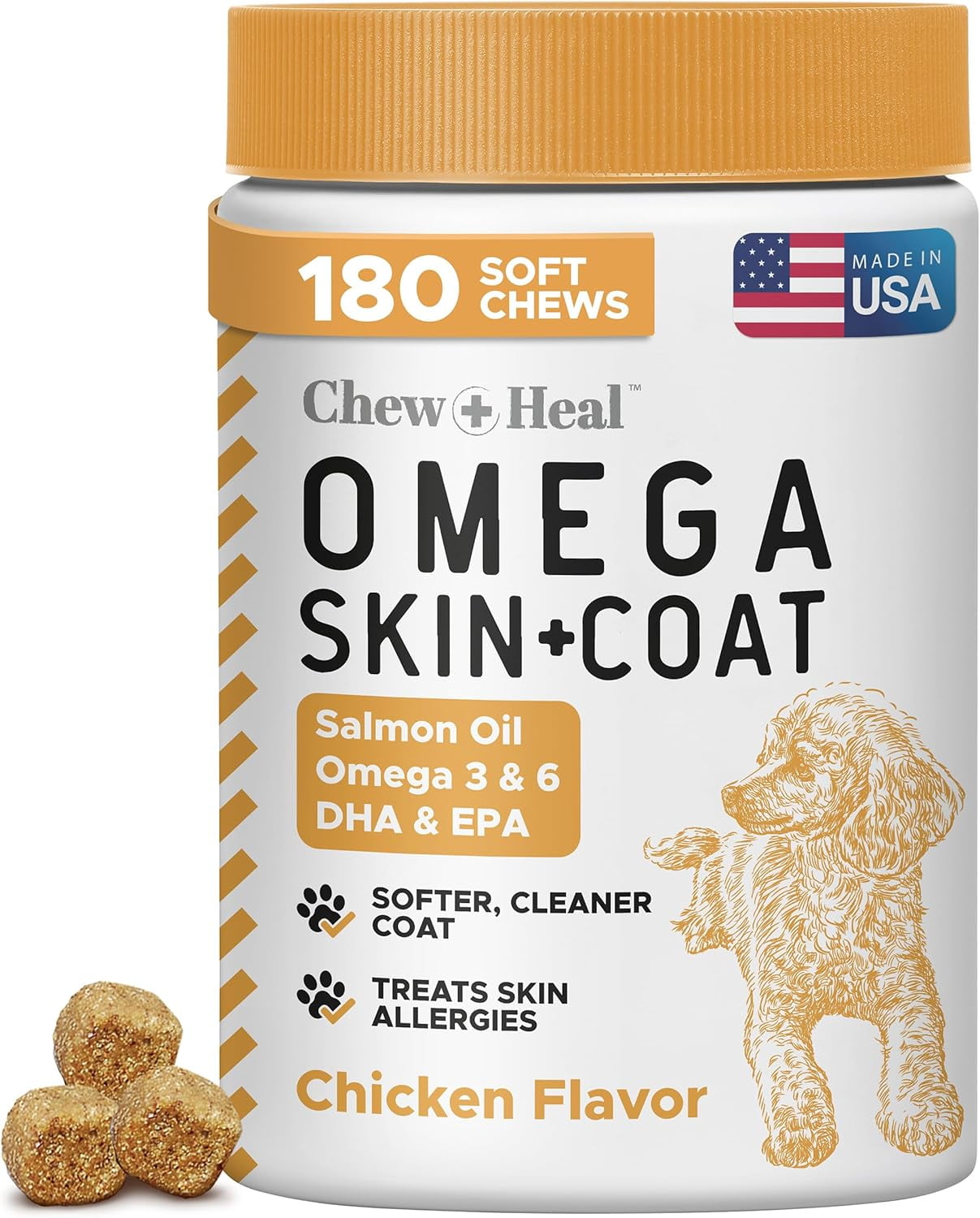 Chew + Heal Omega Skin and Coat Supplement - 180 Soft Chews - Chicken Flavor- Salmon Fish Oil Treat for Dogs and Cats
