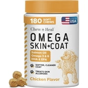 Chew + Heal Omega Skin and Coat Supplement - 180 Soft Chews - Chicken Flavor- Salmon Fish Oil Treat for Dogs and Cats