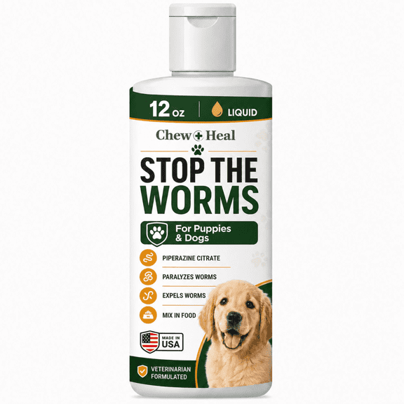 Chew + Heal Puppy and Dog Dewormer - 12 oz - Wormer Liquid to Paralyze and Expel Roundworms - Great for Cats and Kittens