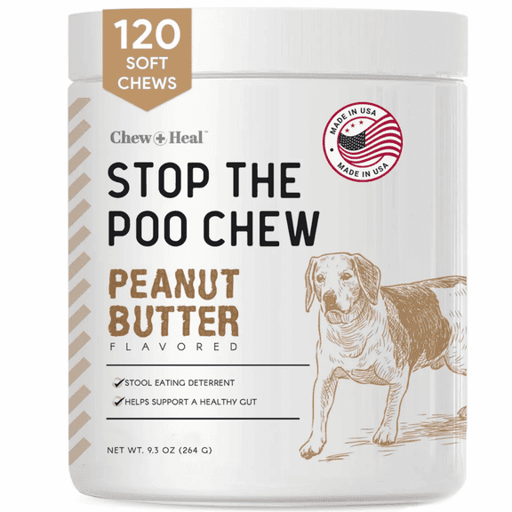 Chew + Heal Stop The Poo Chew Coprophagia Treatment For Dogs - 120 Soft, Bad Breath Aid - Peanut Butter Flavor