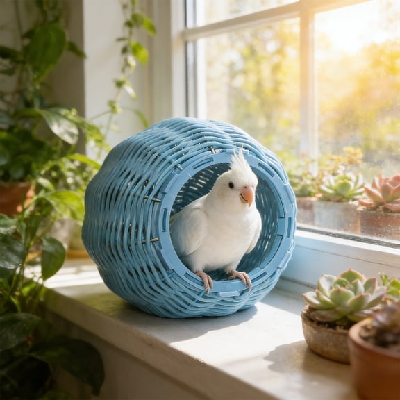 Chew Proof Bird Hammock for Parrots, Woven Rattan Style Sleeping Hut Bed for Small Birds, Washable & Easy Install Cage Accessory, Blue