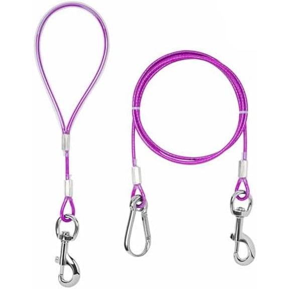 Chew Proof Dog Leash,5Ft Tie Out Cable with Detachable Short Handle,Cable Braided Cord Steel Training Dog Leash for Teething Puppies Small Medium and Large Dogs Purple,5 FT