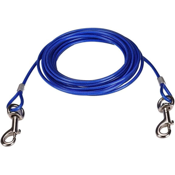 Chew Resistant Pet Tether Cable, Double Ended for Easy Attachment with Reflective Stake for Outdoor Adventures (33Ft, Blue)