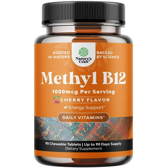 Chewable Vitamin B12 1000 mcg per Serving - Methylated B12 Vegan Vitamin for Brain Support Natural Energy - Bone Health Eye Care and Mood Boost with Hair Skin and Nails Vitamins