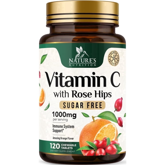 Vitamin C Chewable 1000mg, Extra Strength Antioxidants for Powerful Immune Support w/Vitamin C & Rose HIPS - Potent Dietary VIT C Chews Supplement, Natural Orange Flavor, Vegan, Non-GMO - 120 Tablets