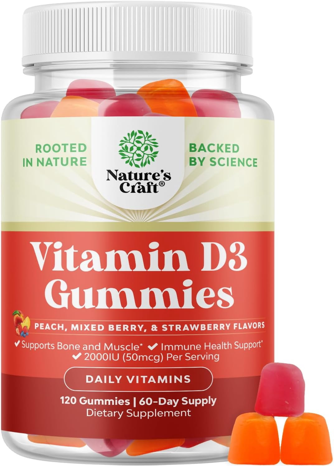 Delicious Chewable Vitamin D Gummies for Adults- Immune Support 2000IU per Serving Vitamins Plus Muscle and Bone Health - Gluten and Gelatin Free Non-GMO Fruit Flavors 120ct
