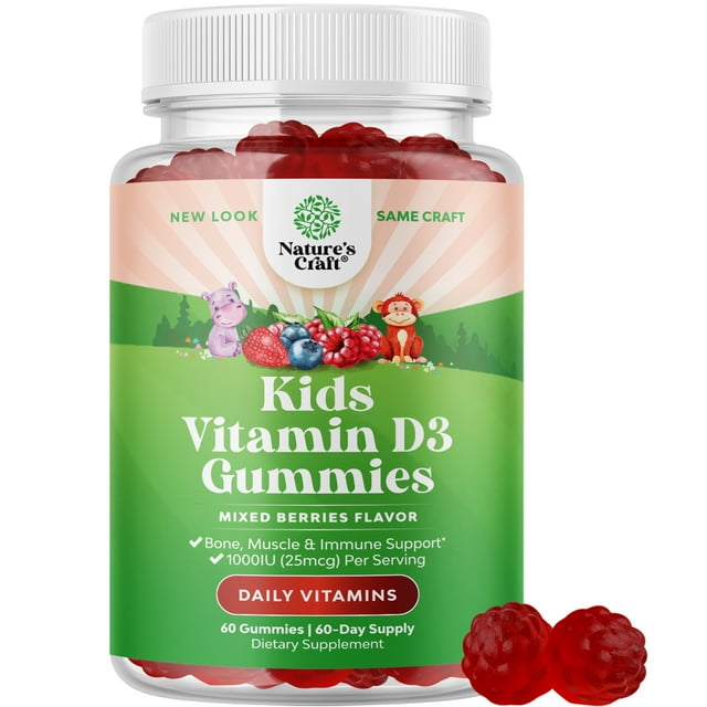 Kids Vitamin D3 Gummies (1000 IU) Immune, Muscle, Bone Support NonGMO, Fruit Flavors