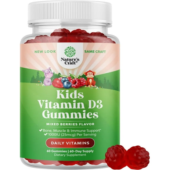 Natures Craft 1000 IU Chewable Vitamin D Gummies for Kids, Mixed Berries Flavor, 60 Count