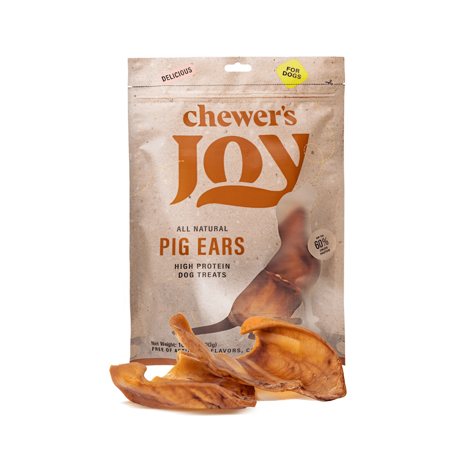 Chewer's Joy Pig Ears Natural Dog Treats, Single Ingredient Long-Lasting Chews, High Protein, 12 Count