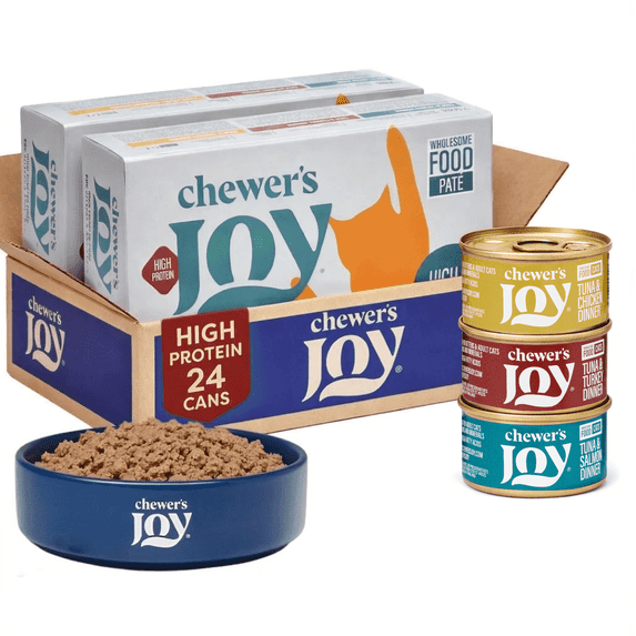 Chewer's Joy Variety Pack Paté Dinner for Cats (24 Cans, 85g) – Tuna & Salmon, Tuna & Turkey, Tuna & Chicken – High Protein, Complete & Balanced
