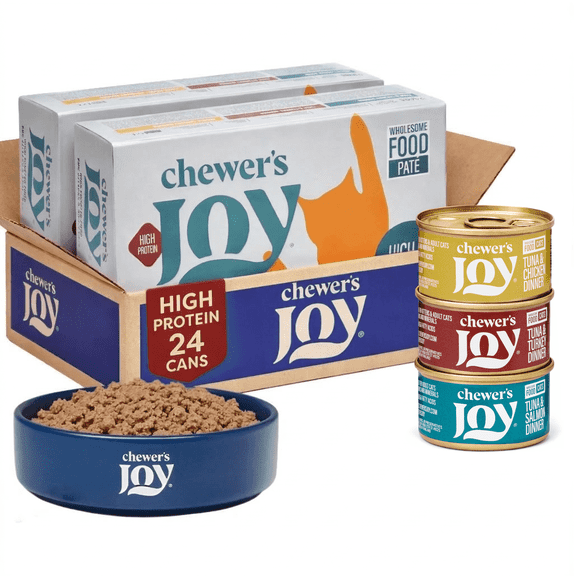 Chewer's Joy Variety Pack Paté Dinner for Cats (24 Cans, 85g) – Tuna & Salmon, Tuna & Turkey, Tuna & Chicken – High Protein, Complete & Balanced