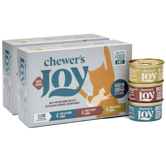 Chewer's Joy Variety Pack Paté Dinner for Cats (24 Cans, 85g) – Tuna & Salmon, Tuna & Turkey, Tuna & Chicken – Natural Wet Cat Food, High Protein, Complete & Balanced